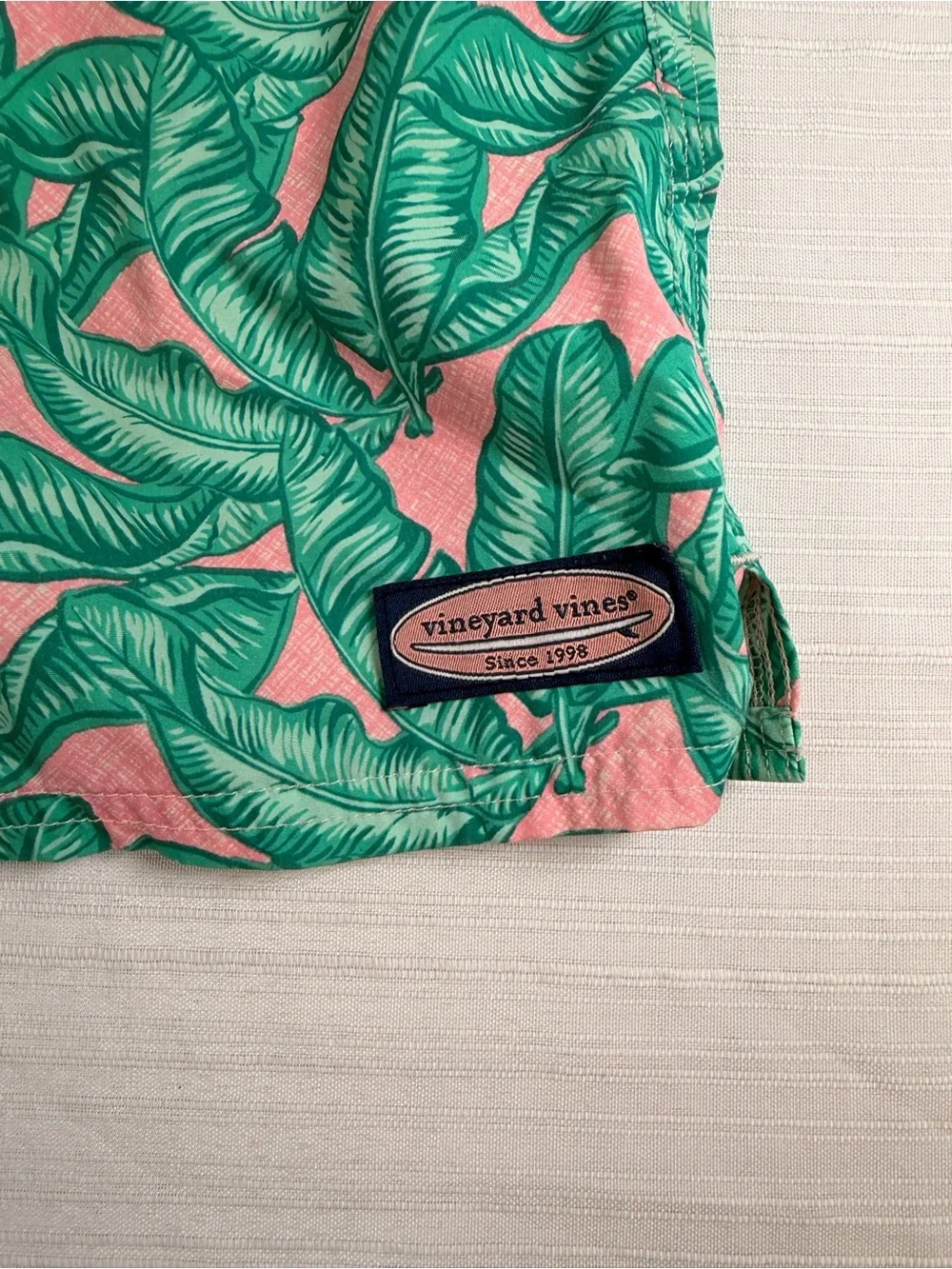 Vineyard Vines Green Leaf Print Swim Trunks on Pink